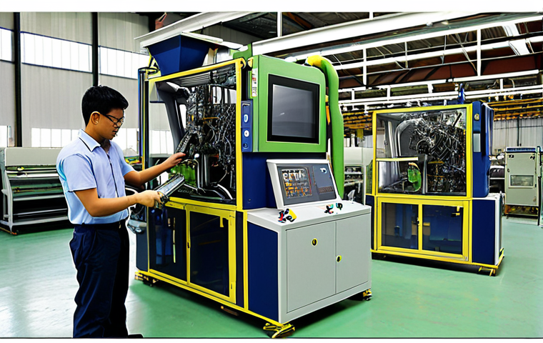 **Image Prompt:** A Malaysian mechanical engineer using CAD software to design a sustainable and ergonomic factory machine. The design incorporates recycled materials and energy-efficient components.